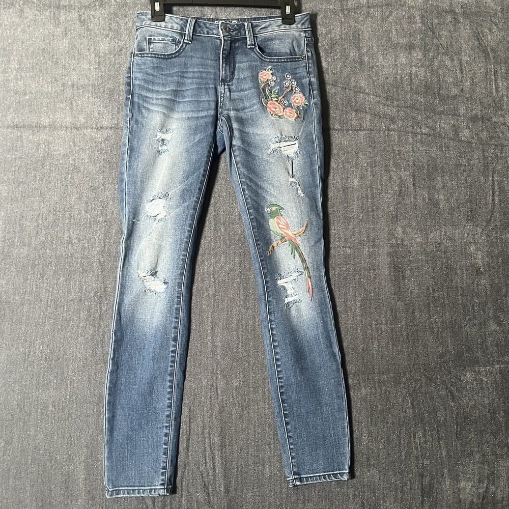 Bold Elements Curvy Skinny Jeans Womens 4 Embroidered Floral Bird Distressed